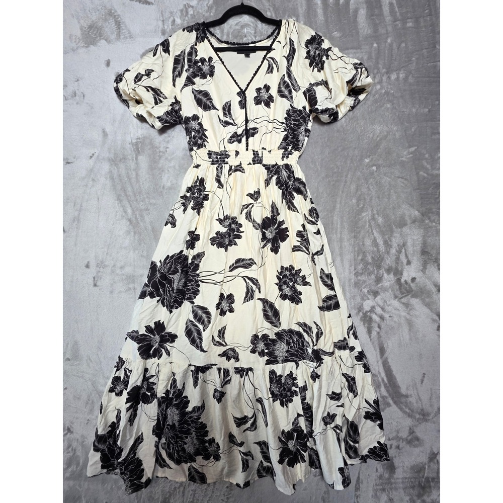 Stella & Julie Floral Maxi Dress Cream Black V-Neck Smocked Waist Small